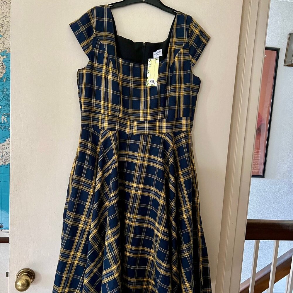 Unique Vintage Magnolia Place Blue Mustard Plaid Anna Swing Dress XXL NWT